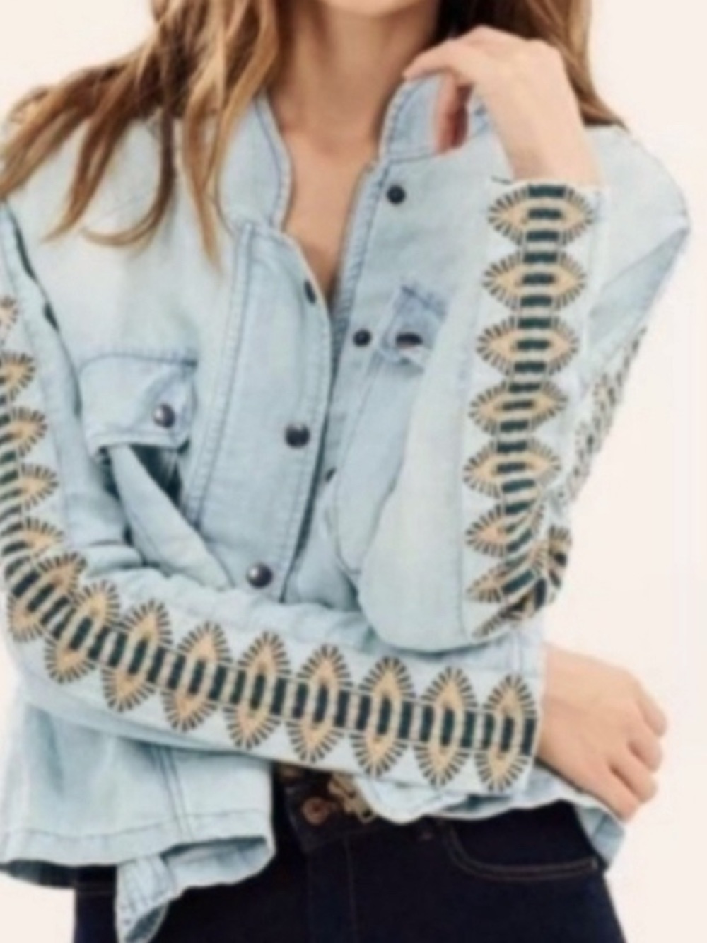 Free People Embroidered Chambray Jacket Womens Large Blue Linen Cotton Blend S - Picture 1 of 14